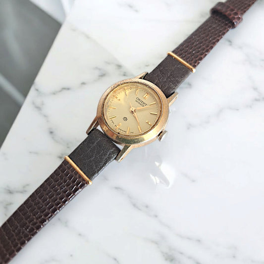 Vintage Orient Women Wrist Watch, Gold Case, Brown Leather Strap