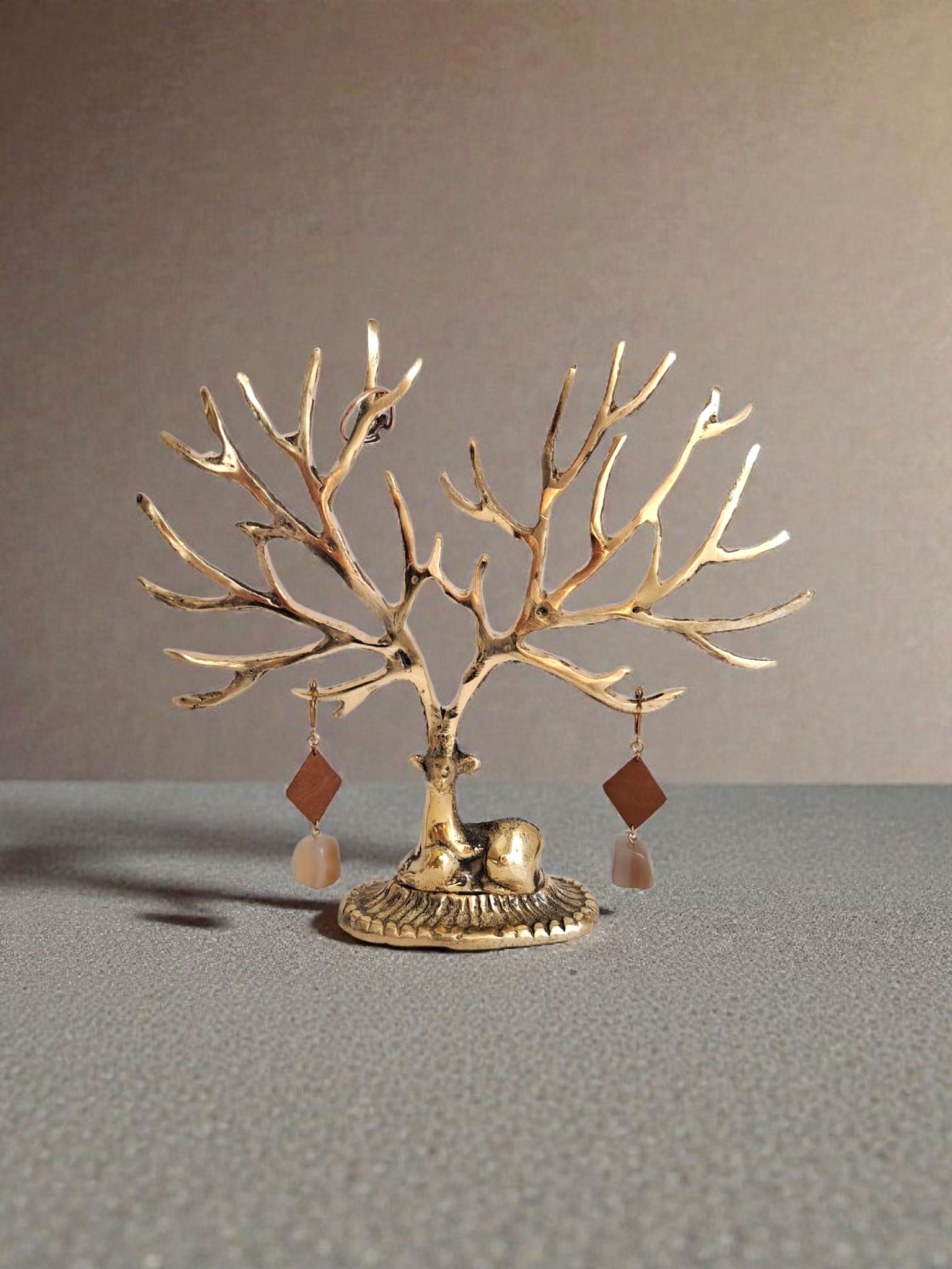 Brass Deer Jewelry Stand – Tree Shaped Handmade Tabletop Decor in Gold Finish