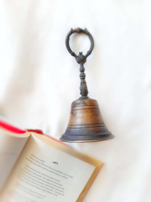 Antique Brass Hand Bell with Floral Design – 19cm Vintage Cast Brass, Perfect for Home Décor & Collectors