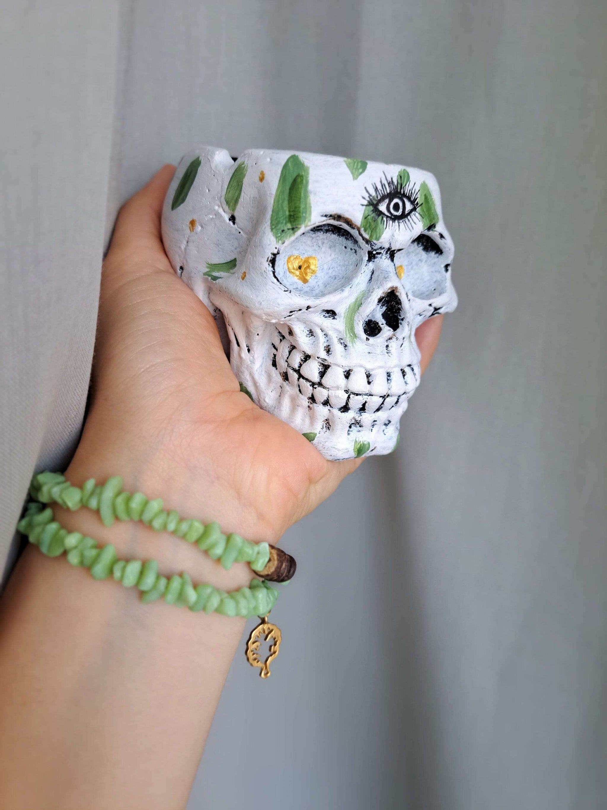 Handcrafted Skull Bowl | Unique Third Eye & Leaf Design