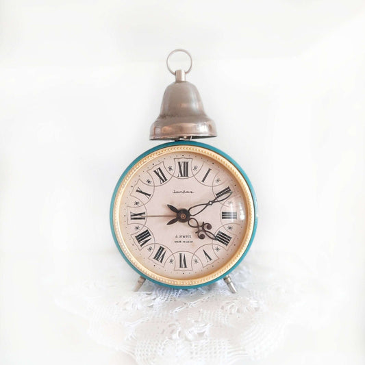Vintage Blue Wind-Up Alarm Clock – Metal Clock with Roman Numerals, Retro Decor