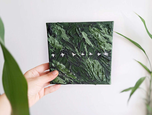 Handmade Acrylic Painting – Norway Landscape with Grass, Mountains & Birds