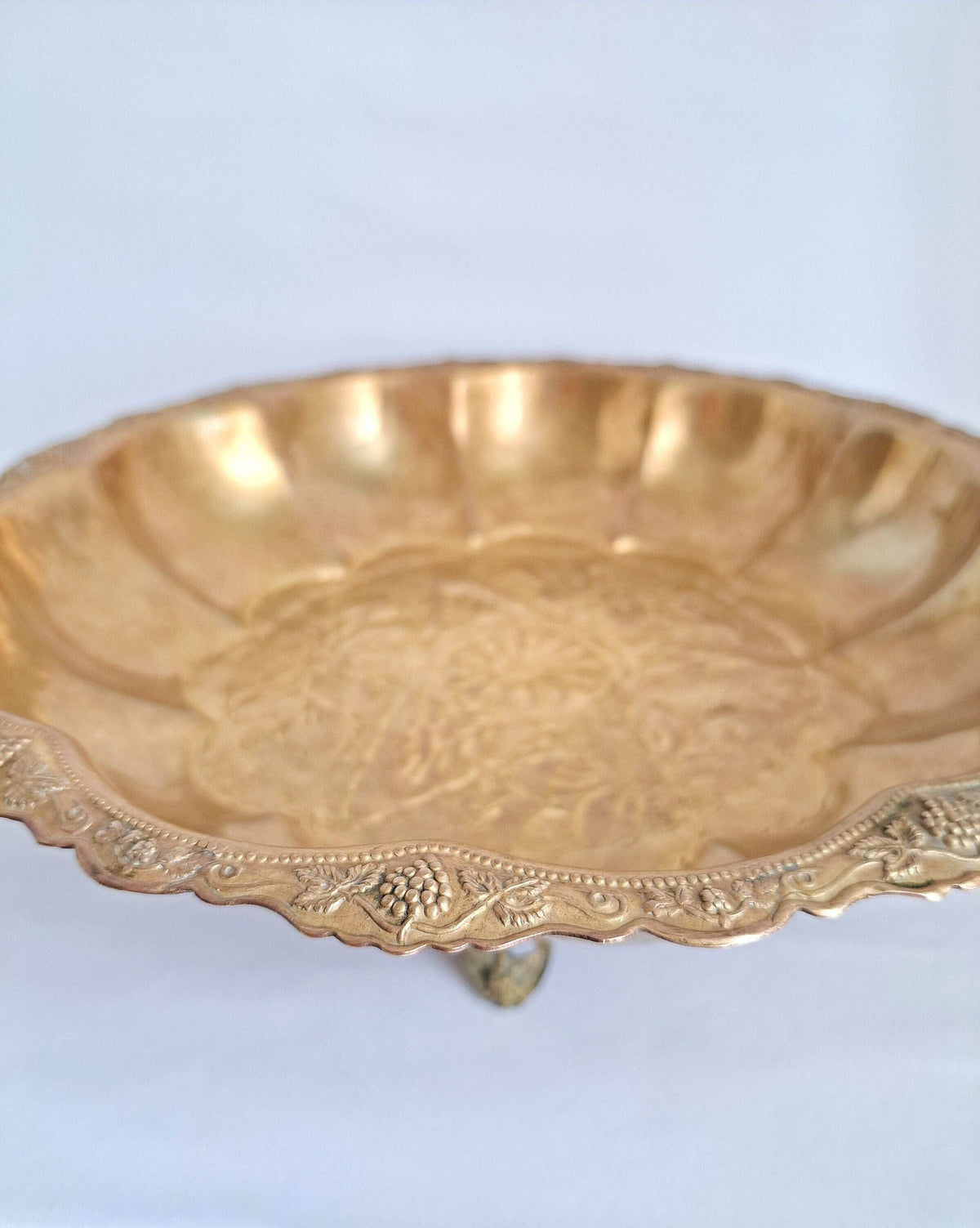 Vintage Copper Bowl with Grape & Floral Motifs – Antique Three 