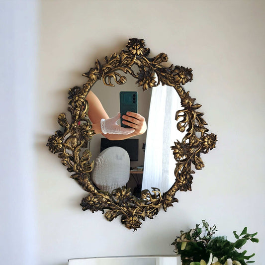 Vintage Style Floral Brass Wall Mirror - Antique Gold Elegance, 38cm