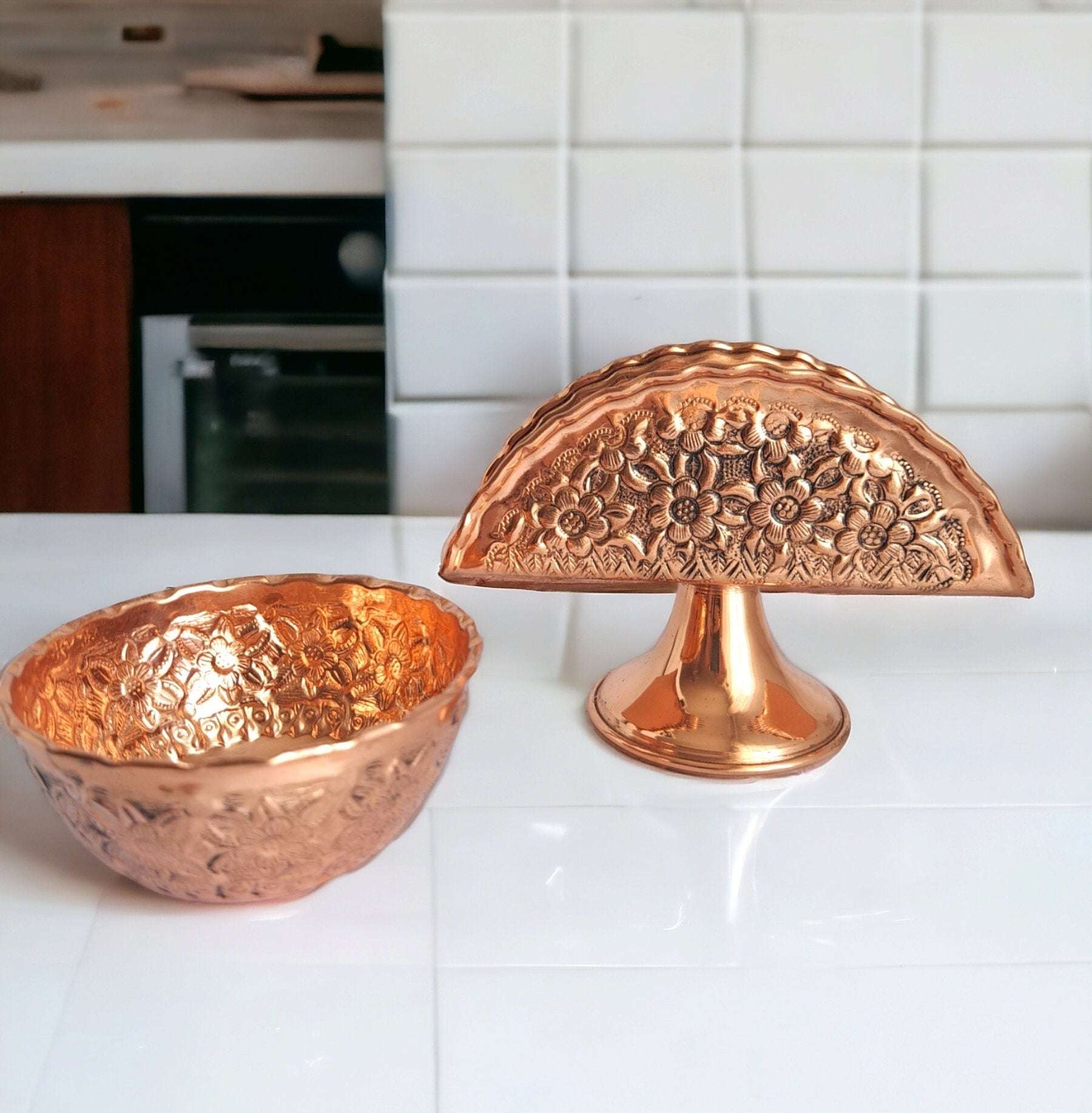 Vintage-Style Floral Copper Napkin Holder & Copper Bowl Set