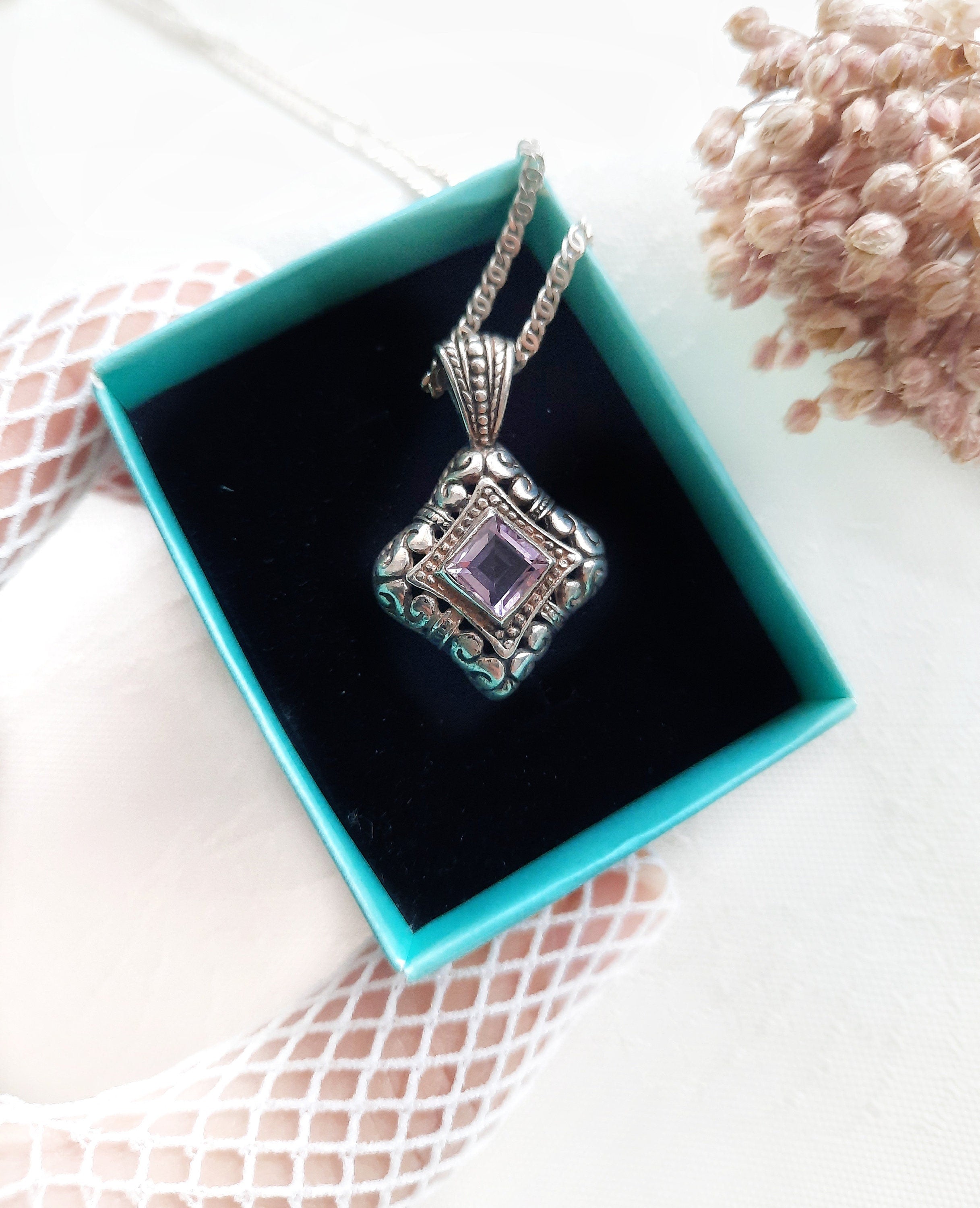 Sterling Silver Pendant with Amethyst Gemstone – Handcrafted Vintage Design