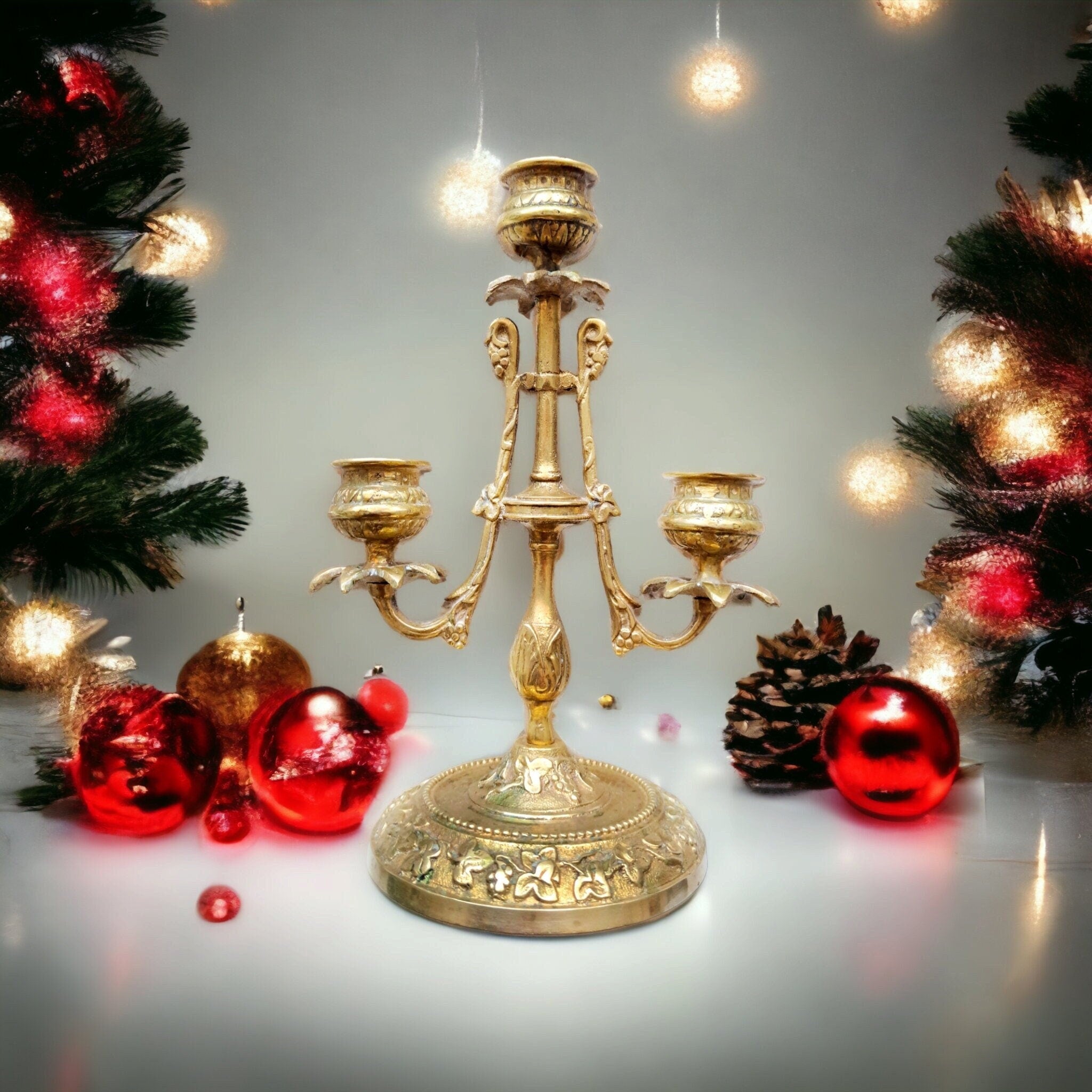 Elegant Brass Vintage Candle Holder - Triple Arm, 8