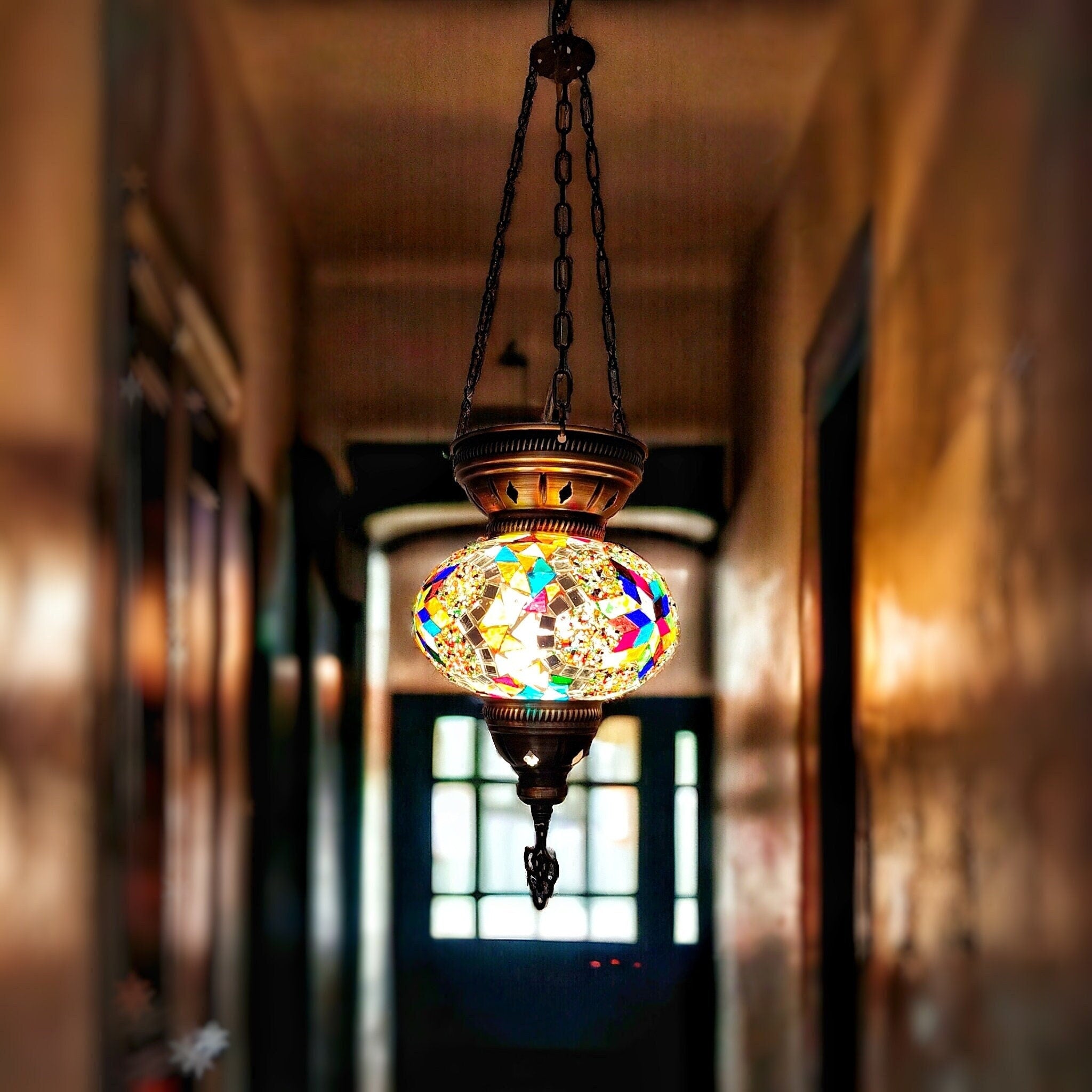 Colorful Mosaic Glass Ceiling Pendant Light with Adjustable Chain, 75cm