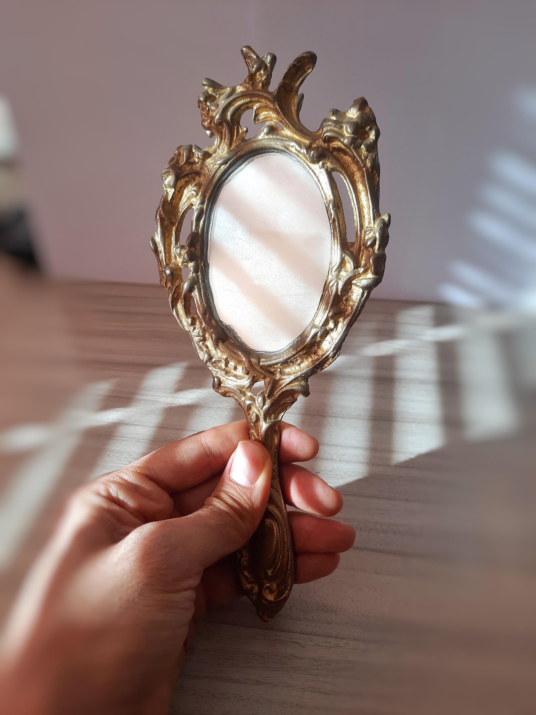 Vintage Brass Hand Mirror - Elegant Gold Finish, Antique-Style Vanity Decor