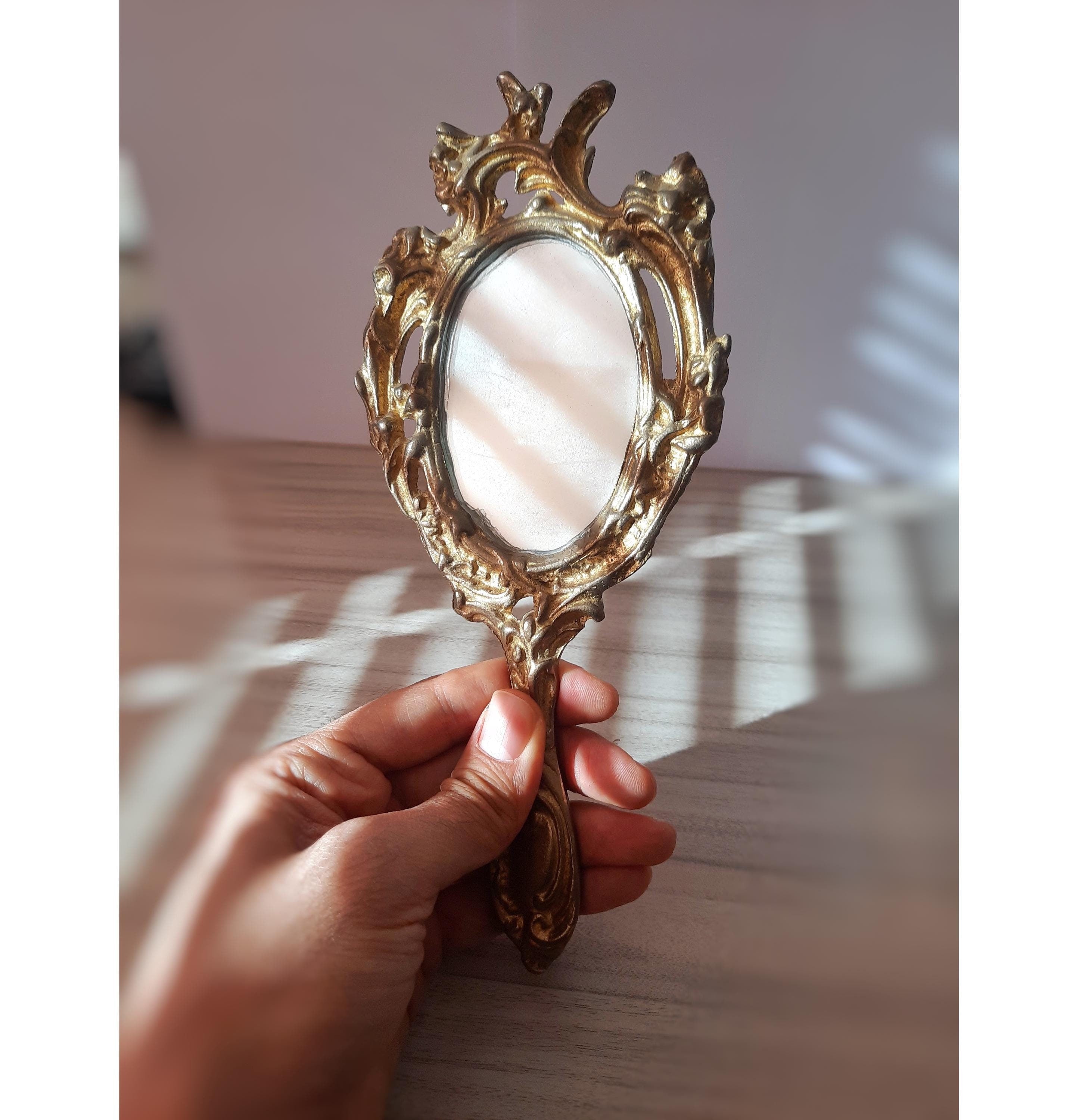 Vintage Brass Hand Mirror - Elegant Gold Finish, Antique-Style Vanity Decor