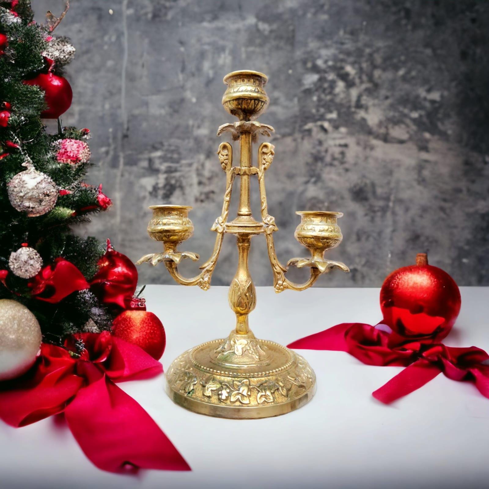 Elegant Brass Vintage Candle Holder - Triple Arm, 8