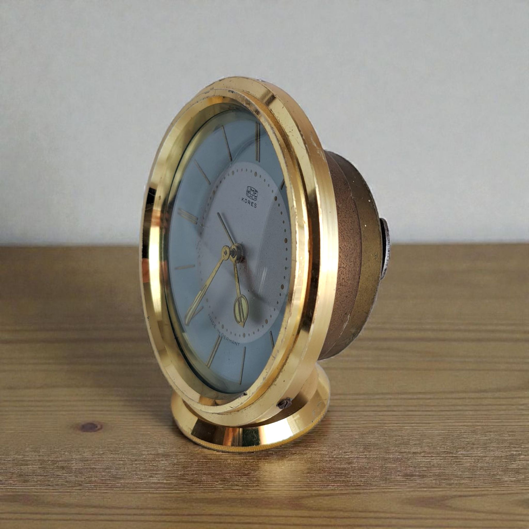 Vintage Wind-Up Brass Desk Clock with Blue Dial – German Mechanical Table Clock