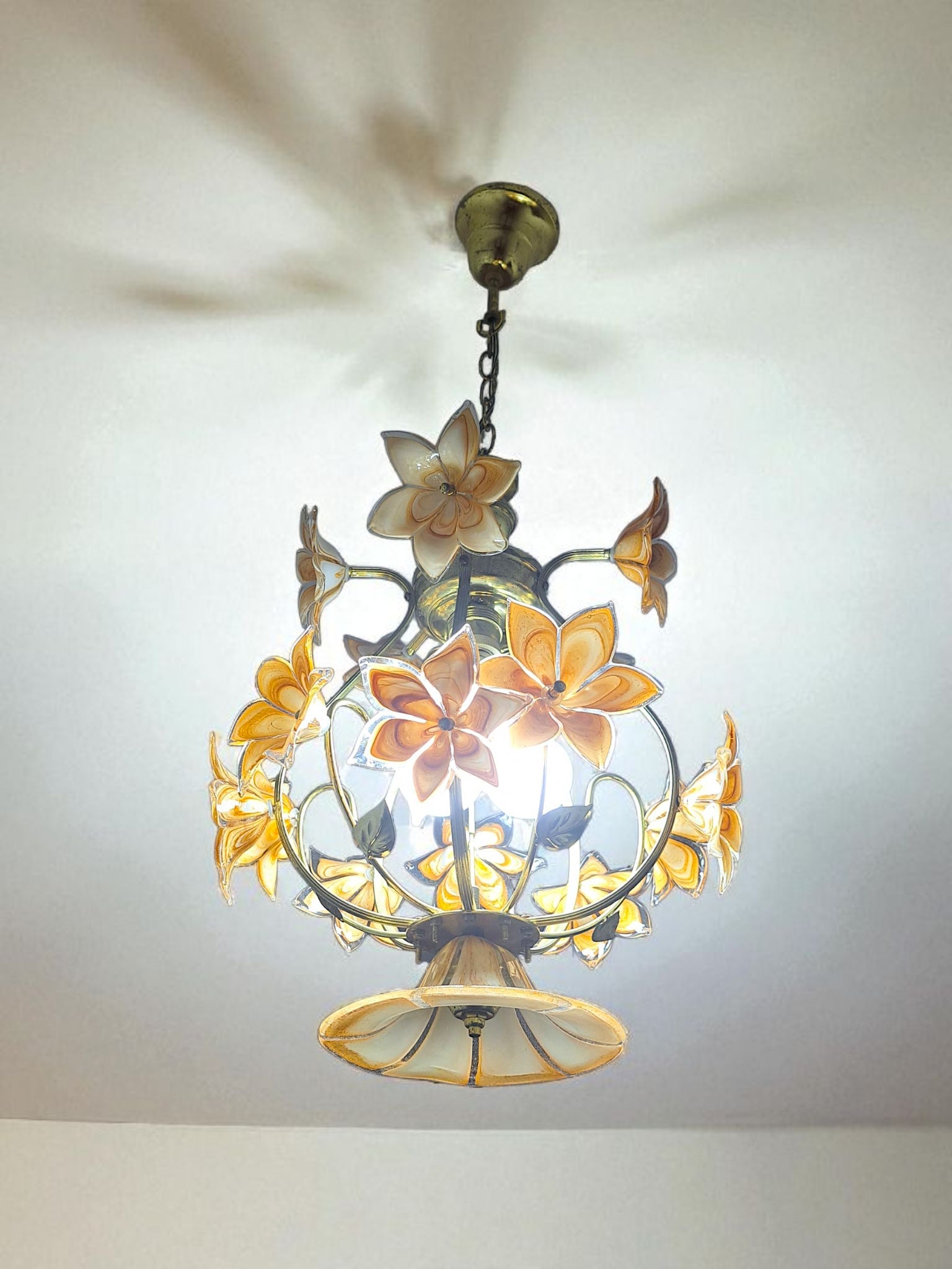 Vintage Caramel Murano Glass Flowers Chandelier 3-Light 1970s Italian Lighting Fixture