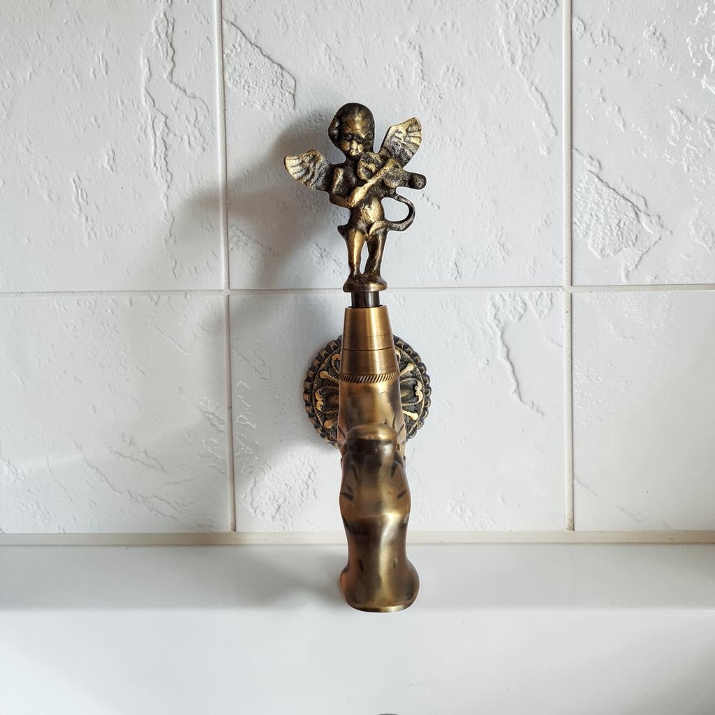 Antique Brass Angel Faucet with Violin Playing Cherub – Vintage Water Spigot