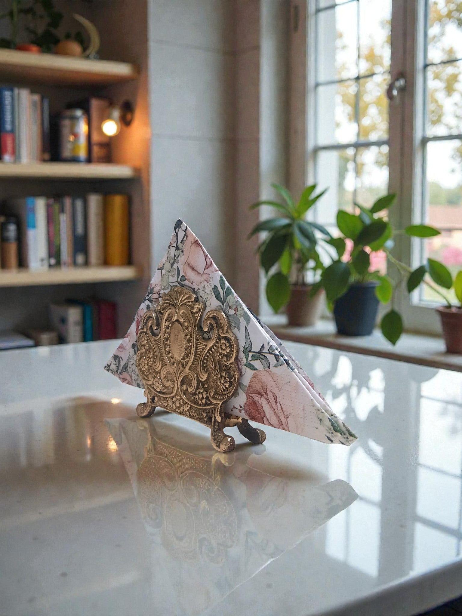 Handmade Victorian Brass Napkin Holder – Natural Brass Ornate Serviette Stand for Elegant Table Settings