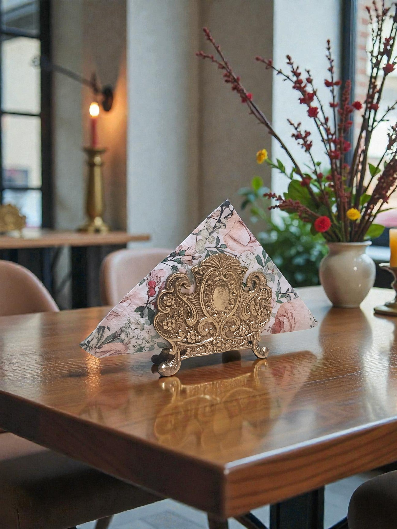 Handmade Victorian Brass Napkin Holder – Natural Brass Ornate Serviette Stand for Elegant Table Settings