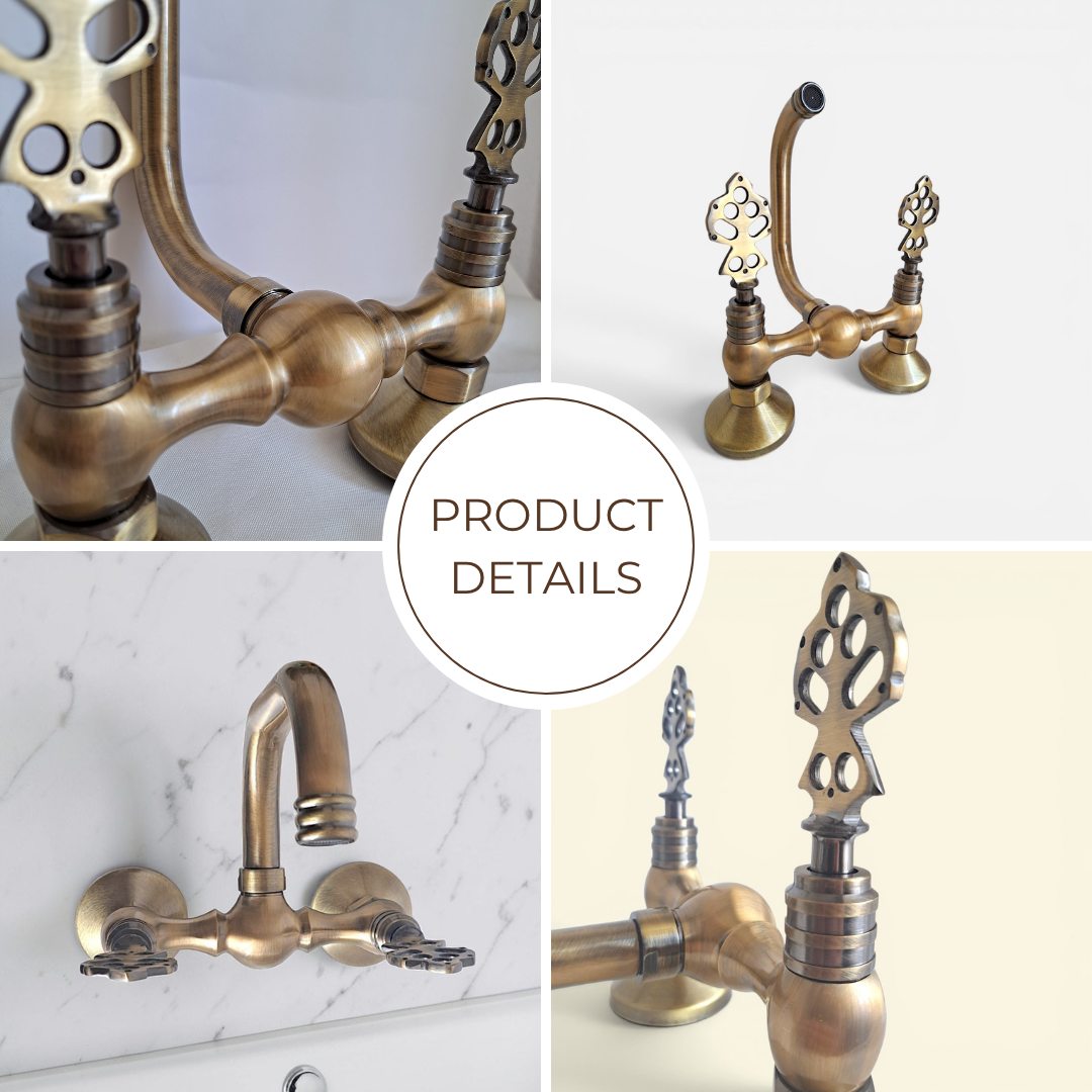 Vintage Brass Wall Mount Faucet, Antique Gold Bathroom & Kitchen Mixer Tap, Hot & Cold Water, Solid Cast Brass, 1/2 BSP Connection