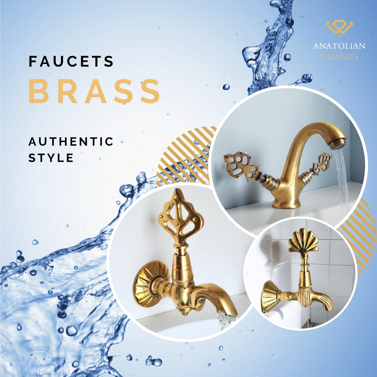 Anatolian Faucet Company brass faucet set shown in three circular close-up views on a blue water-splash background. The main faucet is a polished brass cross-handle style with a curved spout, and the inset images show additional angles and a matching shower head.