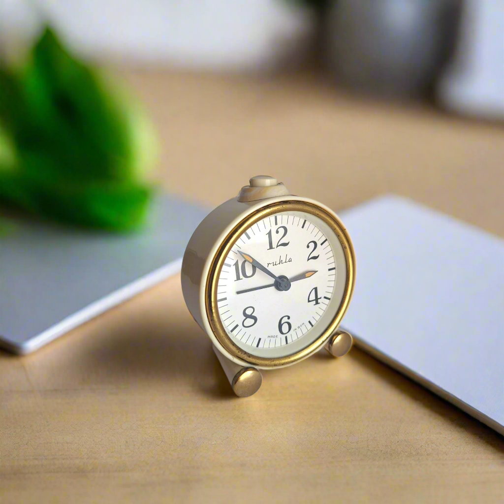 Minimalist Vintage Ruhla Mechanical Wind-Up Clock – Beige GDR Alarm