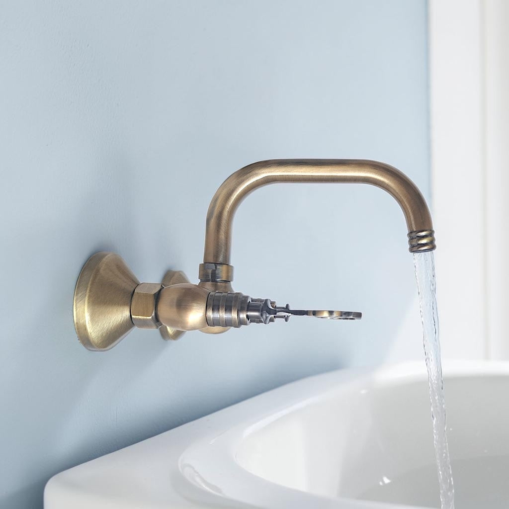 Vintage Brass Wall Mount Faucet, Antique Gold Bathroom & Kitchen Mixer Tap, Hot & Cold Water, Solid Cast Brass, 1/2 BSP Connection