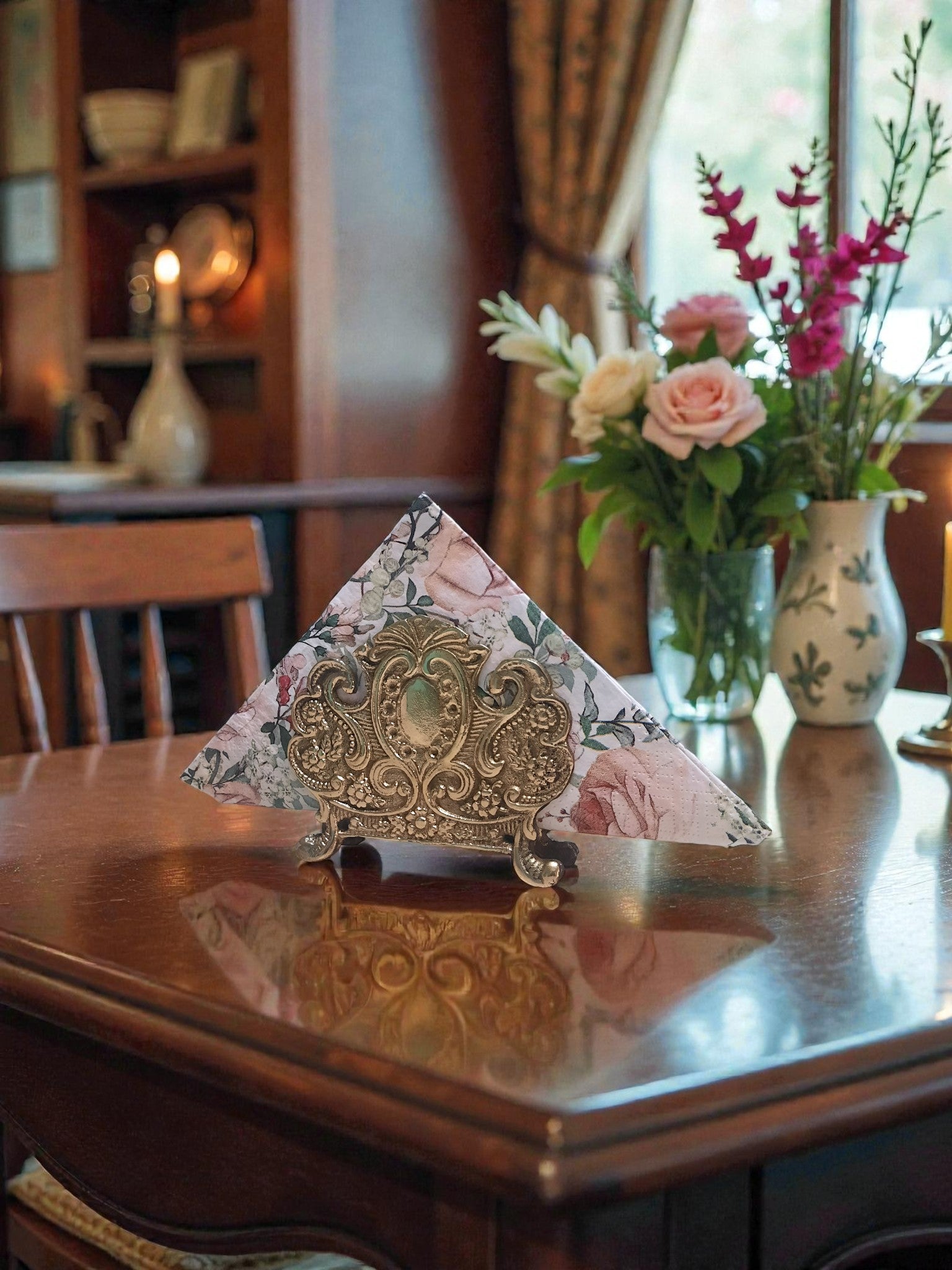 Handmade Victorian Brass Napkin Holder – Natural Brass Ornate Serviette Stand for Elegant Table Settings