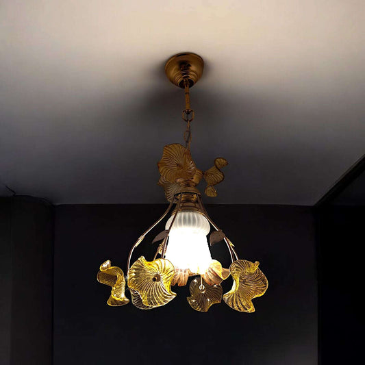 Handmade vintage chandelier with yellow glass floral design