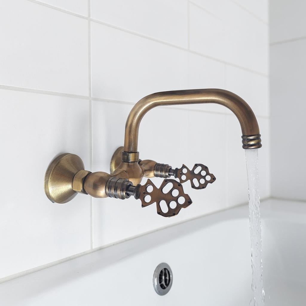 Vintage Brass Wall Mount Faucet, Antique Gold Bathroom & Kitchen Mixer Tap, Hot & Cold Water, Solid Cast Brass, 1/2 BSP Connection