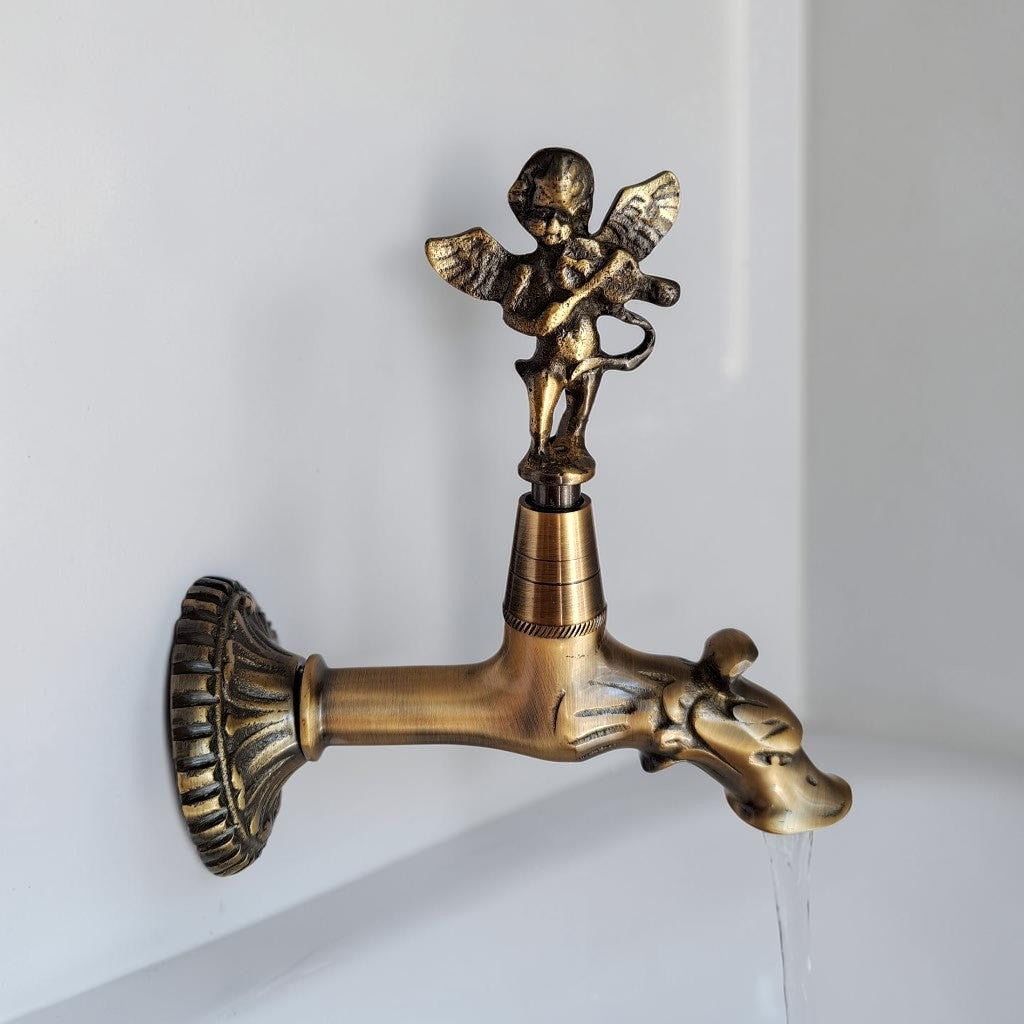 Antique Brass Angel Faucet with Violin Playing Cherub – Vintage Water Spigot