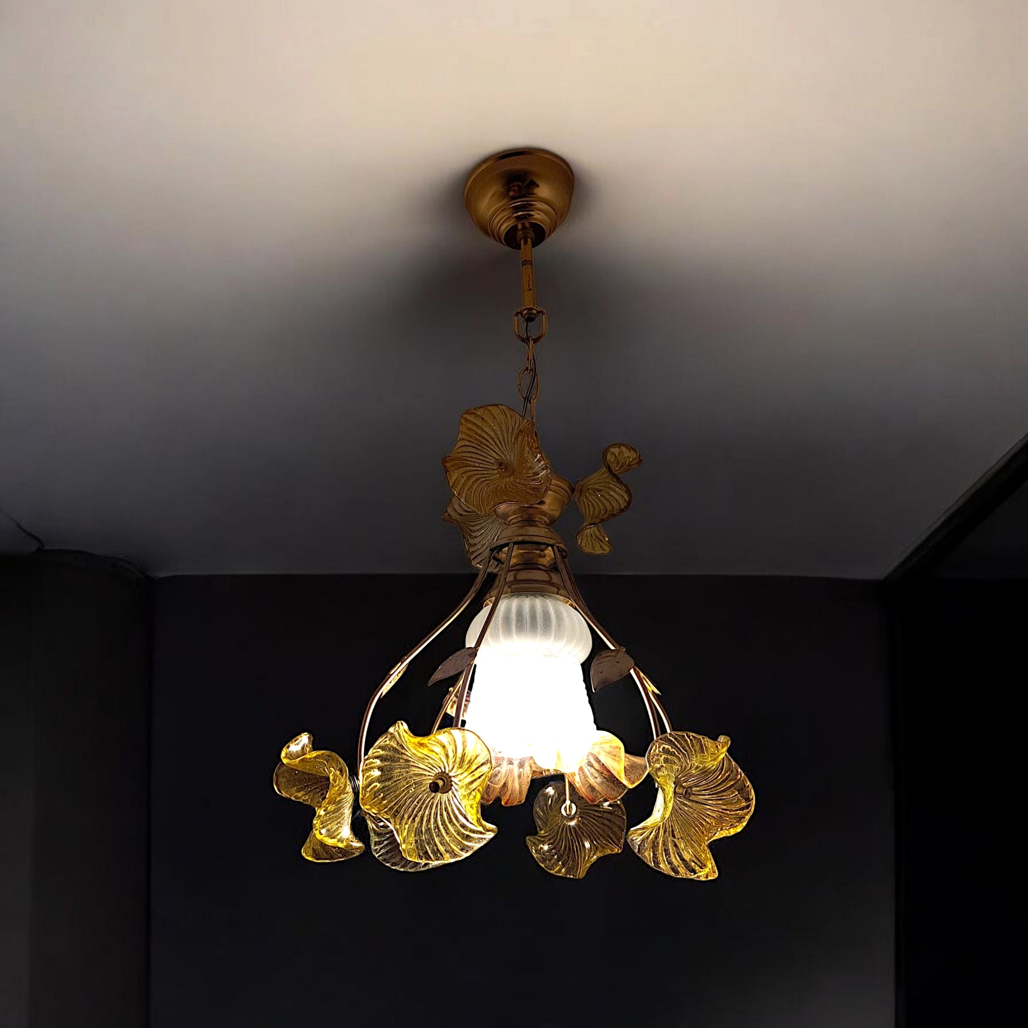 Handmade vintage chandelier with yellow glass floral design