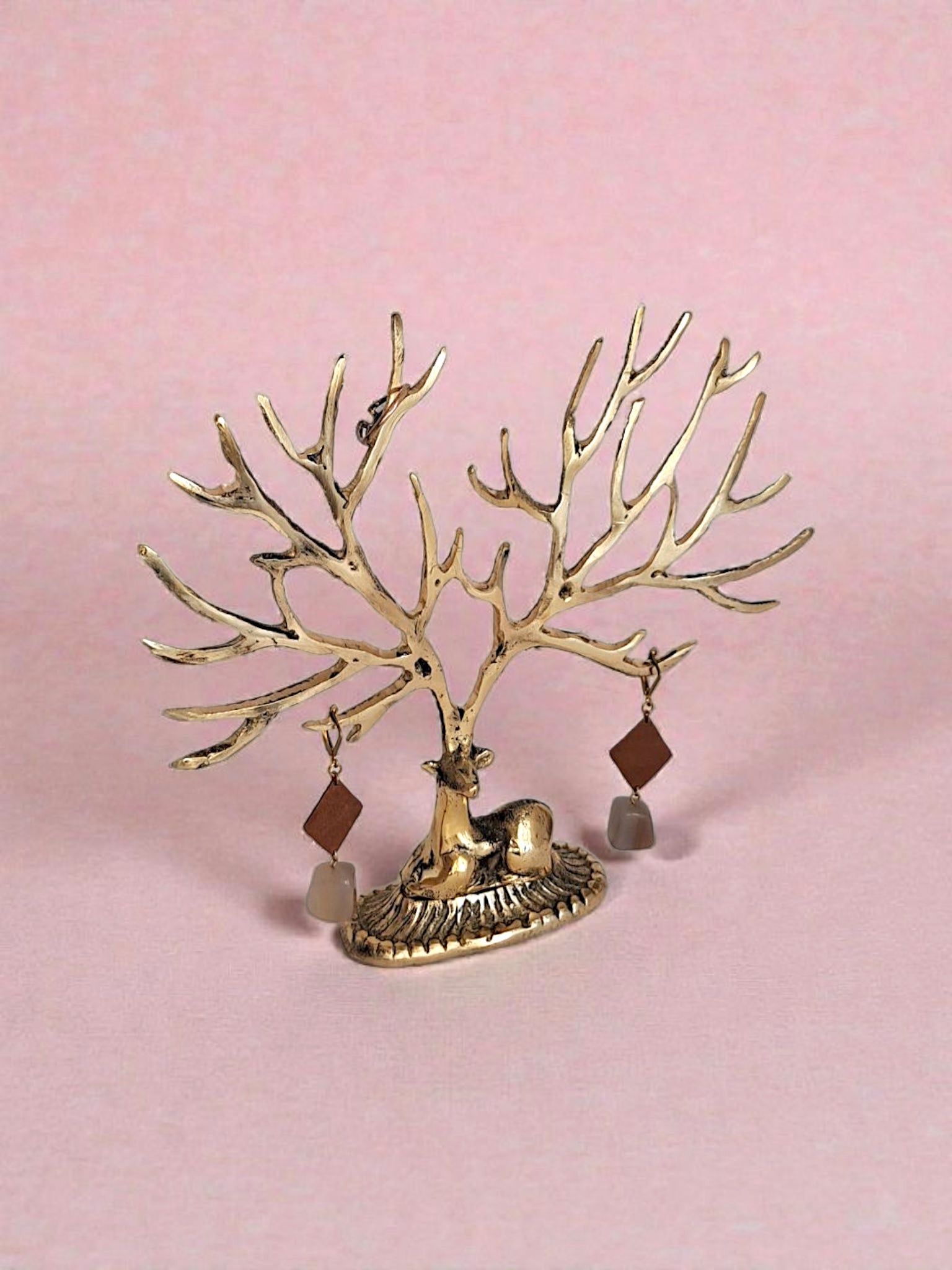 Brass Deer Jewelry Stand – Tree Shaped Handmade Tabletop Decor in Gold Finish