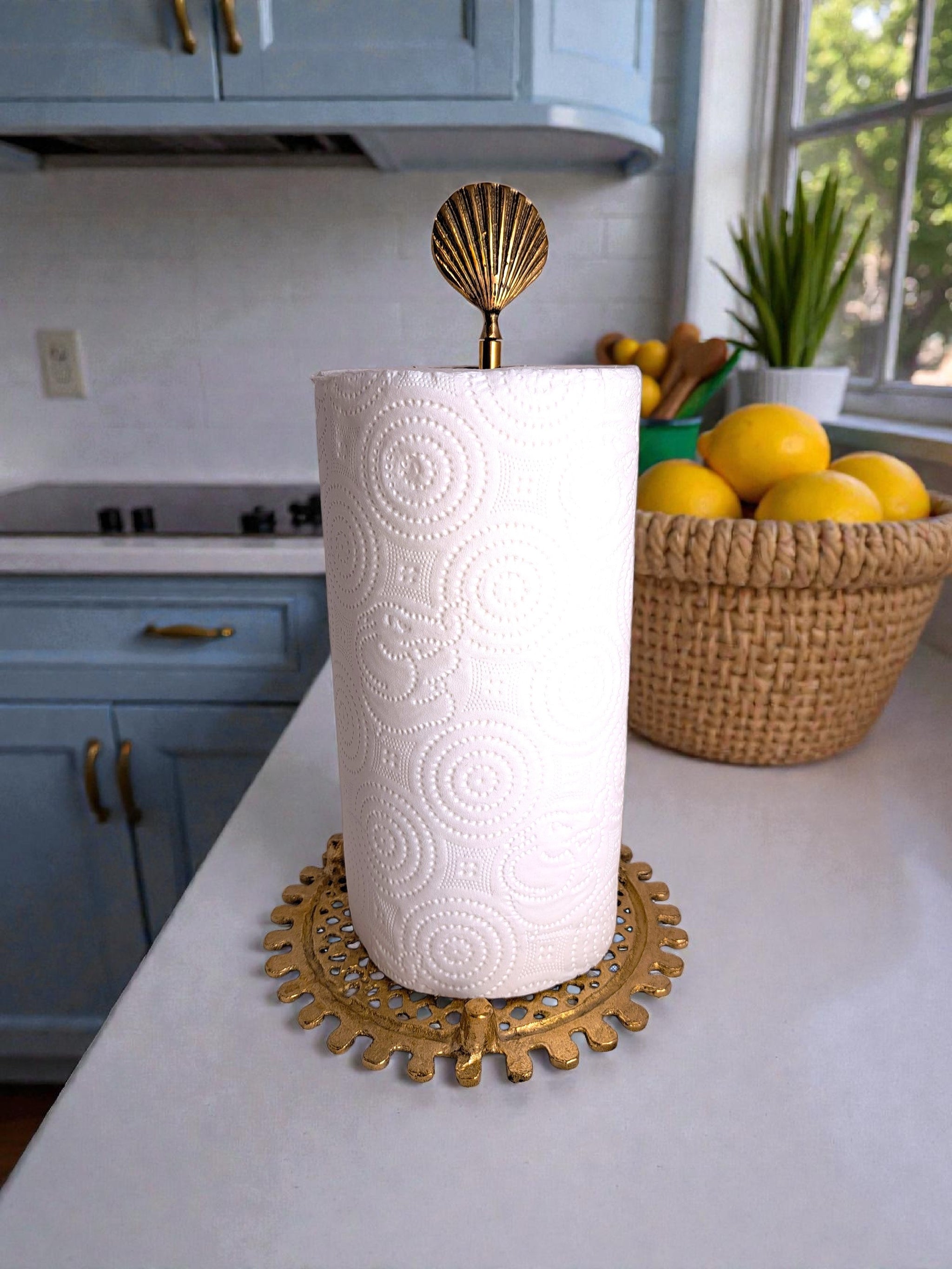 Solid Brass Countertop Paper Towel Holder – Decorative Gold Kitchen Roll Stand with Seashell Top