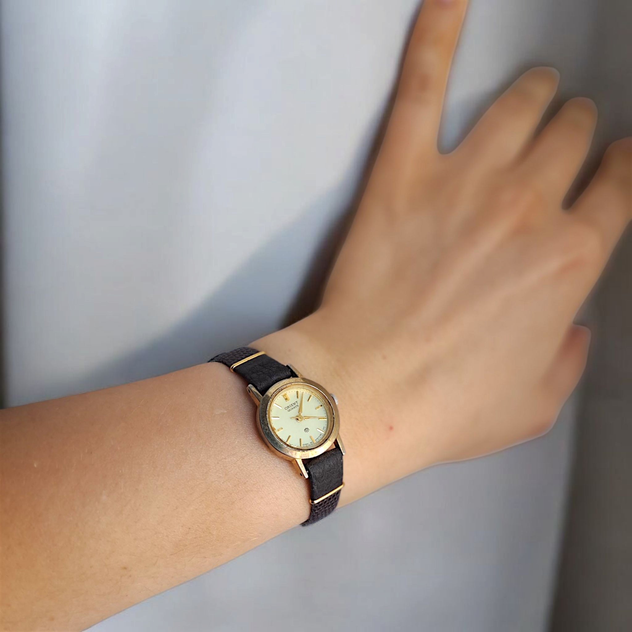 Vintage Orient Women Wrist Watch, Gold Case, Brown Leather Strap