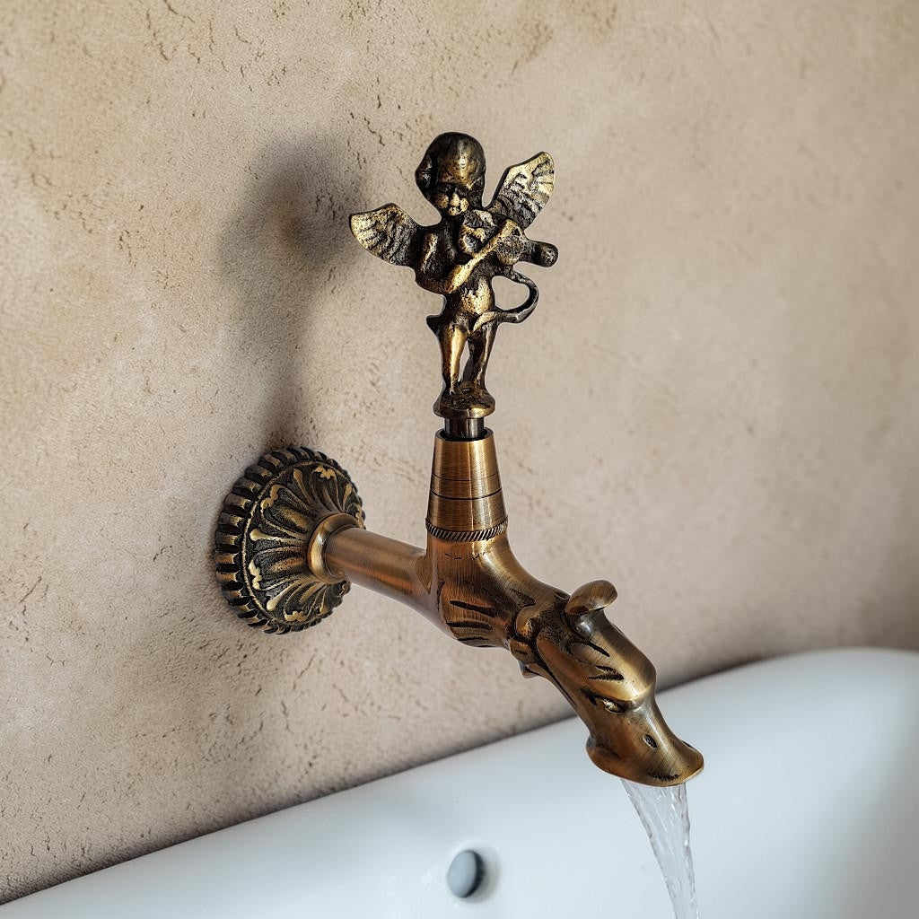 Antique Brass Angel Faucet with Violin Playing Cherub – Vintage Water Spigot