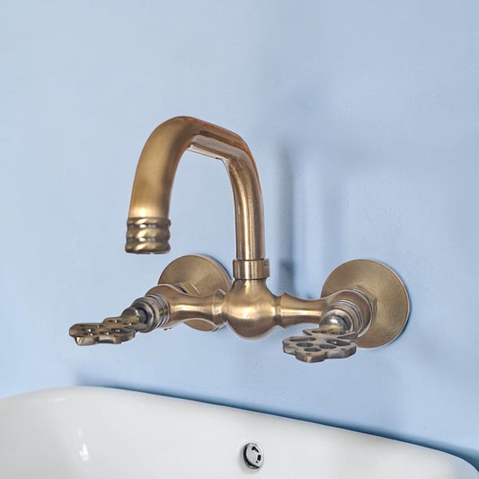 Vintage Brass Wall Mount Faucet, Antique Gold Bathroom & Kitchen Mixer Tap, Hot & Cold Water, Solid Cast Brass, 1/2 BSP Connection