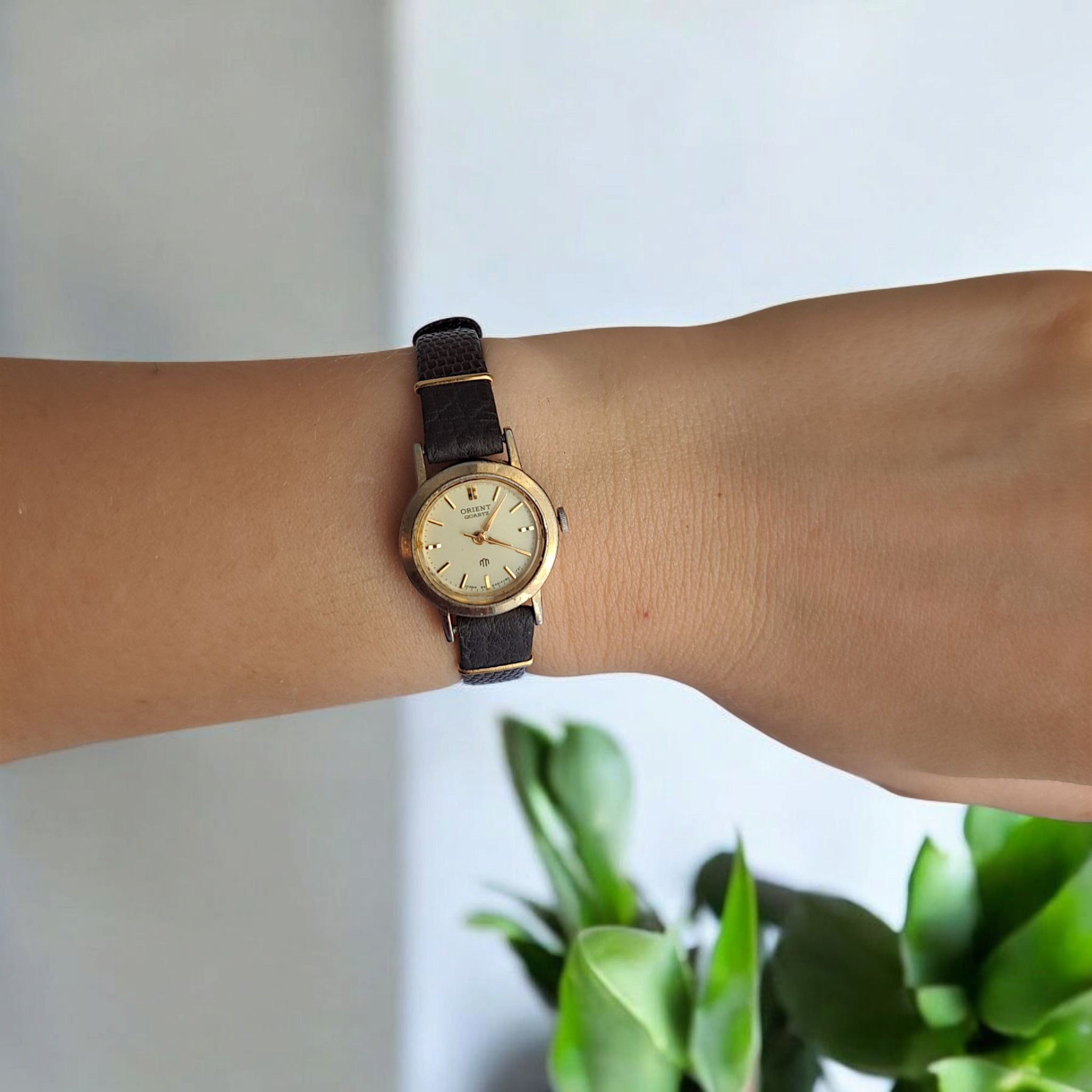 Vintage Orient Women Wrist Watch, Gold Case, Brown Leather Strap