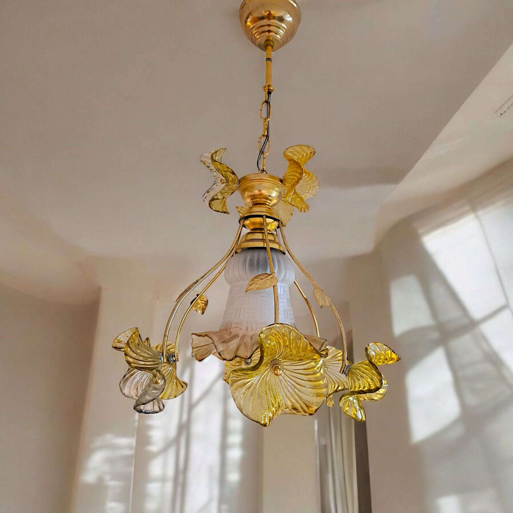 Vintage Glass Floral Chandelier, 90s Floral Ceiling Pendant Lamp